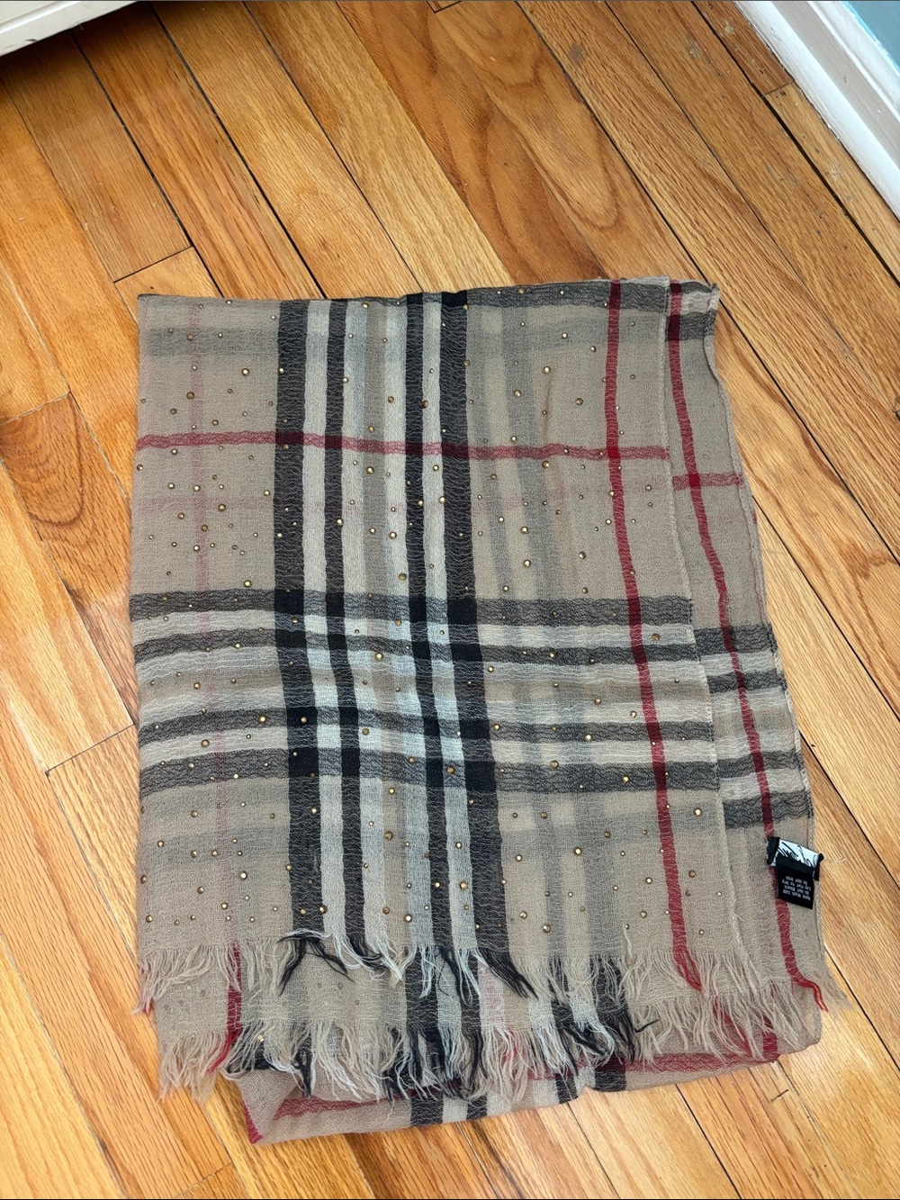 Lord & Taylor Beige Plaid Studded Fringe Scarf